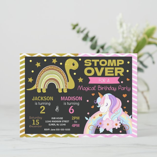 Convites Dinosaur & Unicorn Joint Birthday Invitation (Em pé/Frente)