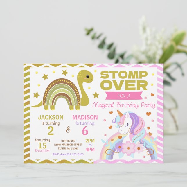 Convites Dinosaur & Unicorn Joint Birthday Invitation (Em pé/Frente)