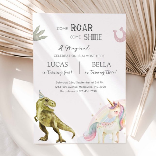 Convites Dinosaur & Unicorn Siblings Joint Birthday Party (Criador carregado)