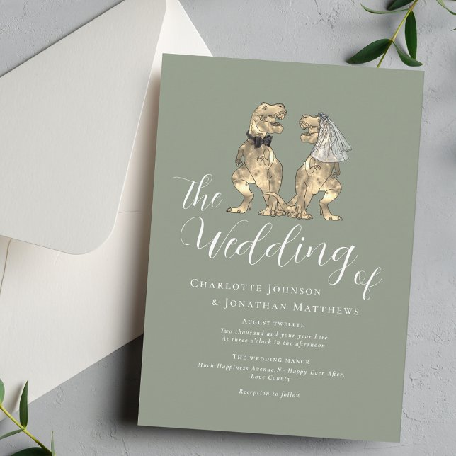 Convites Dinosaur Wedding Elegant Sage Green (Dinosaur theme sage green wedding  invitation T-Rex dino bride and groom elegant script )