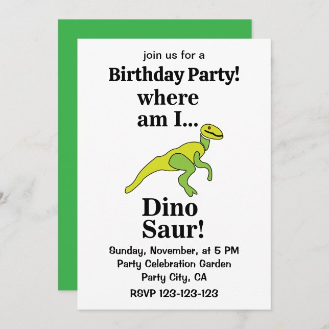 Convites Dinosaur Where Am I Funny Birthday Party (Frente/Verso)