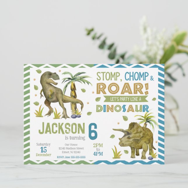 Convites Dinosaurs Birthday Invitation | T-rex | Triceratop (Em pé/Frente)