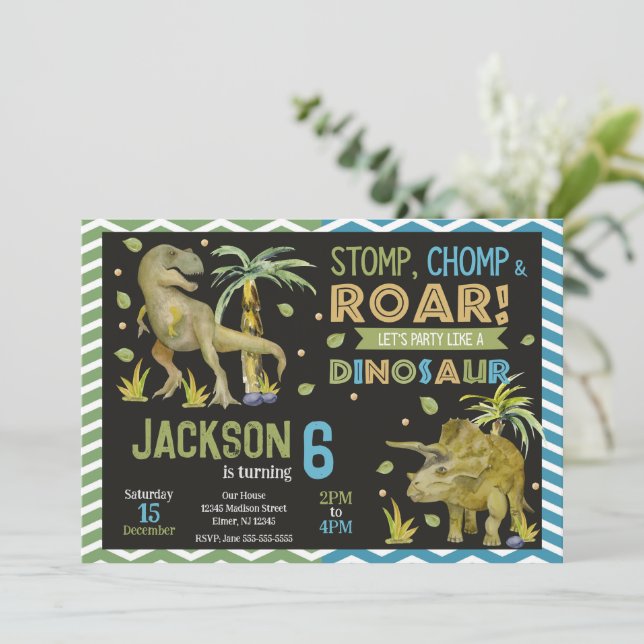 Convites Dinosaurs Birthday Invitation | T-rex | Triceratop (Em pé/Frente)