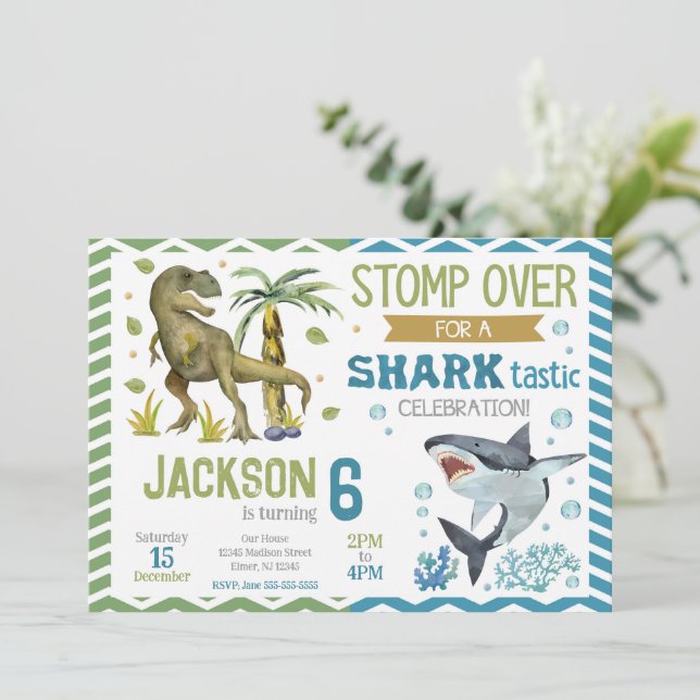 Convites Dinosaurs & Sharks Birthday Invitation (Em pé/Frente)
