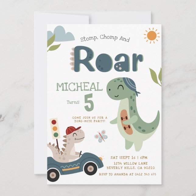 Convites Dinosaurs Stomp Chomp Roar Boy Birthday Invitation (Frente)