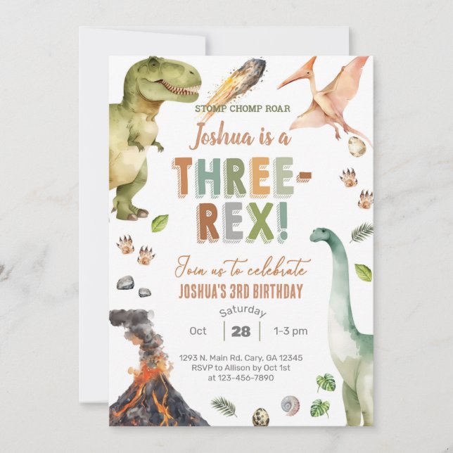 Convites Dinosaurs Three-Rex boy 3rd birthday invite. (Frente)