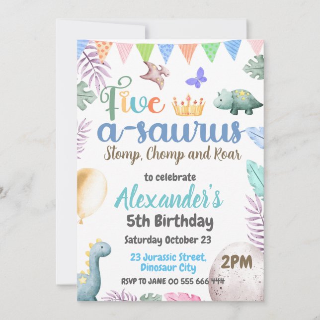 Convites Dinossaur 5 Birthday, Partido Cinco-A-Saurus (Frente)