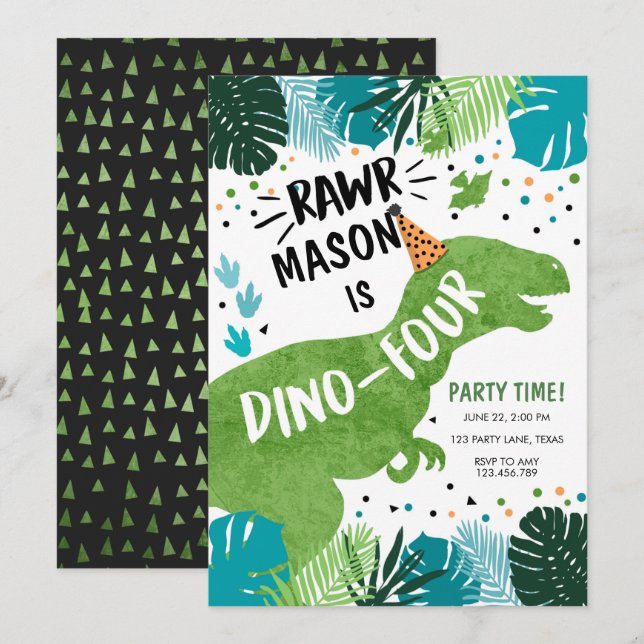 Convites Dinossaur Dino-Four RAWR 4º Aniversário Invita (Frente/Verso)