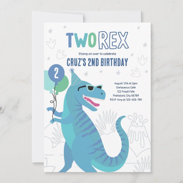 Convites Dinossaur, Dois Rex - segundo aniversário T-Rex (Frente)