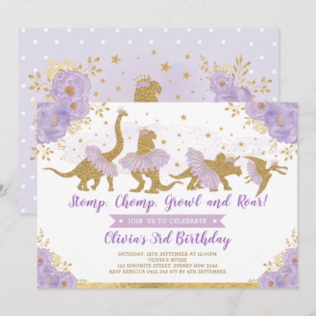 Convites Dinossaur Princesa Ballerina Rosa Ballerina Aniver (Frente/Verso)