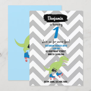 Convites Dinossaur Roller Sking Segurando Rádio Aniversár