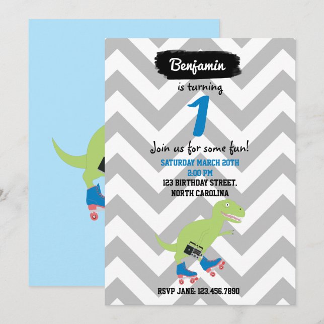 Convites Dinossaur Roller Sking Segurando Rádio Aniversário (Frente/Verso)