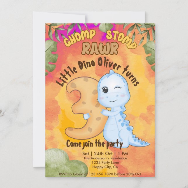 Convites Dinossaur Stomp Chomp Rawr aniversário de 3 anos (Frente)