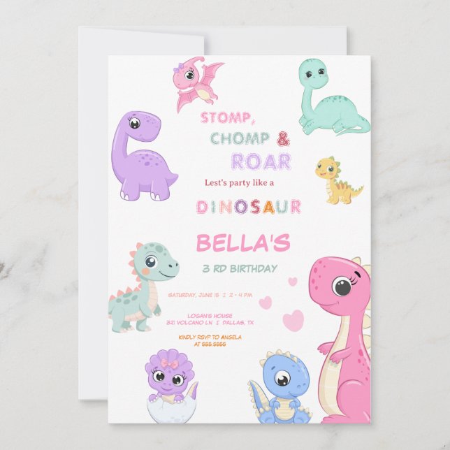 Convites Dinossaur Stomp Chomp Rawr Birthday GIRL Party (Frente)