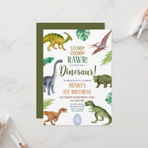 Convites Dinossaur Stomp Chomp Rawr primeiro aniversario Bo