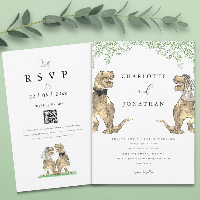 Convites Dinossaur Themed Greenery Weding (Boho botanical dinosaur wedding invitation with qr code)