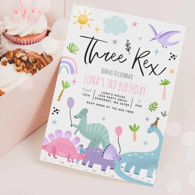Convites Dinossaur Três Festa Rex aniversário de 3 anos (Criador carregado)