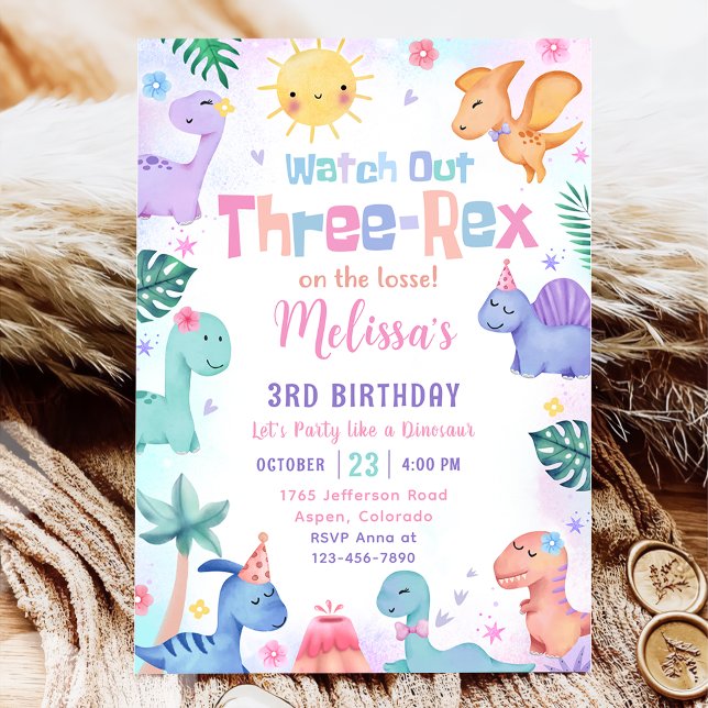 Convites Dinossaur Três Festa Rex aniversário de 3 anos (Criador carregado)