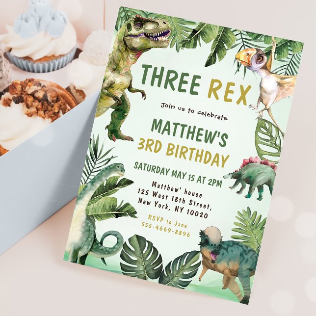 Convites Dinossaur Três Festa Rex aniversário de 3 anos (Criador carregado)
