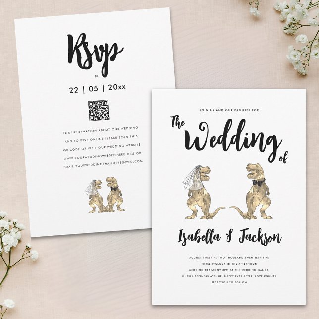 Convites Dinossaur Wedding T-Rex Bride and Groom (Fun Dinosaur bride and groom modern stylish wedding invitation with QR code)