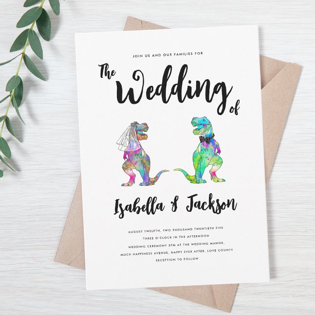 Convites Dinossaur Wedding T-Rex Bride and Groom (Colorful T-Rex bride and groom fun dinosaur wedding invitation with whimsical script)