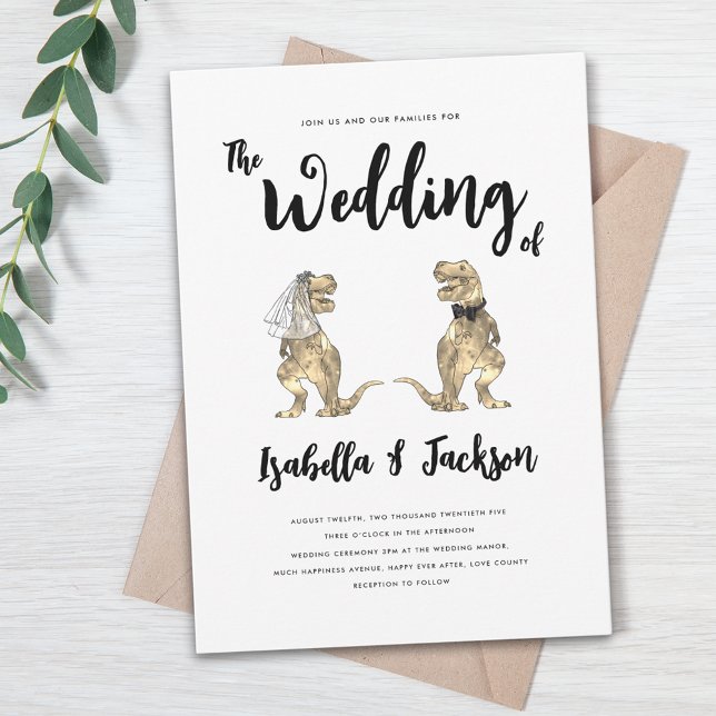 Convites Dinossaur Wedding T-Rex Bride and Groom (Dinosaur wedding t-Rex bride and groom modern stylish invitation with whimsical script)