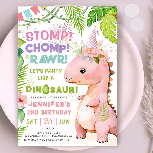 Convites Dinossauras do Dinossauro, segundo aniversário do  (#DinosaurBirthdayInvitation #DinosaurBirthdayInvite #GirlDinosaurBirthdayInvitation)