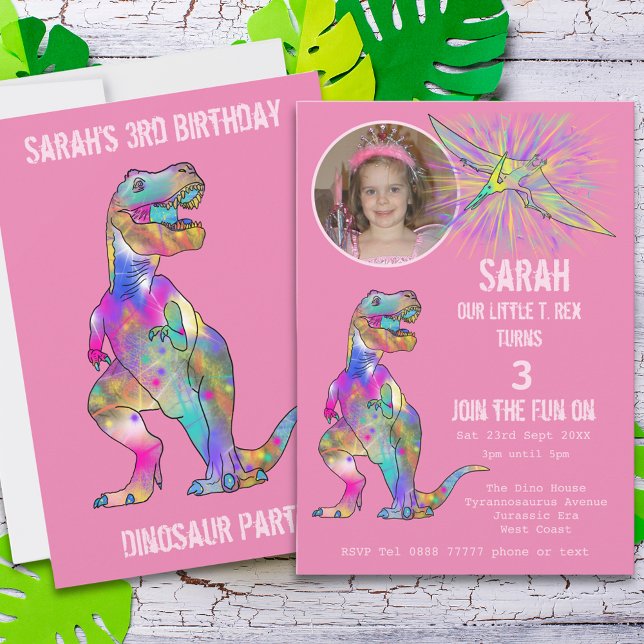 Convites Dinossauras do Partido Dinossauro Foto aniversário (Girls dinosaur 3rd birthday party invitation with custom photo template. Colorful dino watercolor)