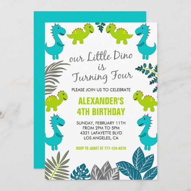 Convites Dinossauro, 4.o aniversário, dino verde da selva (Frente/Verso)
