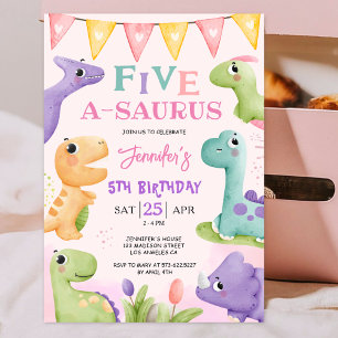 Convites Dinossauro 5, Aniversário, Cor-de-Rosa, Cuta Quatr