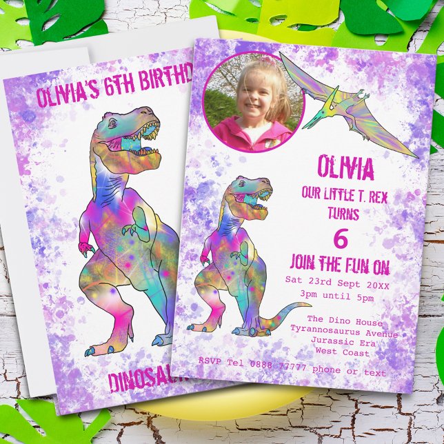 Convites Dinossauro 5 de Aniversário T Rex Rapariga Foto Ro (Girls 5th dinosaur birthday party invitation photo template T-Rex pterodactyl pink watercolor splash)