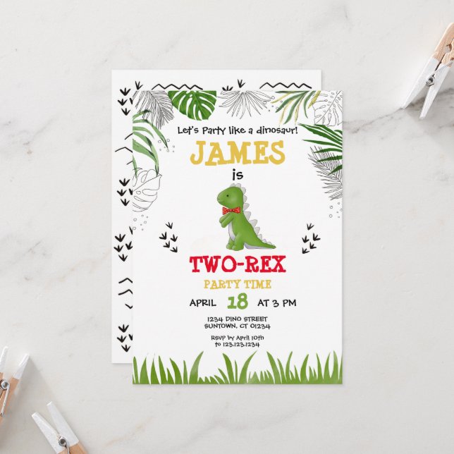 Convites Dinossauro Aniversário - Cor-de-água verde-amarela (Frente/Verso In Situ)