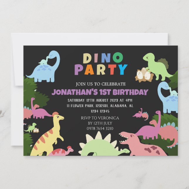 Convites Dinossauro Aniversário Simples Fofo Primeiro Anive (Frente)