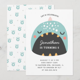 Convites Dinossauro azul. Crianças dino engraçado. Aniversá