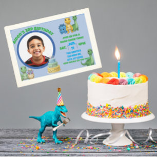 Convites Dinossauro Azul Fofo com Aniversário de Foto