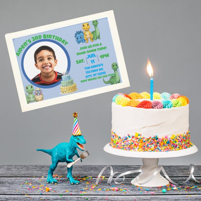 Convites Dinossauro Azul Fofo com Aniversário de Foto (Criador carregado)