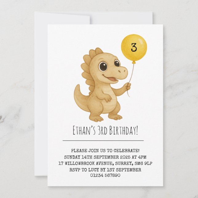 Convites Dinossauro Bege Sorridente Balão Amarelo Aniversár (Frente)