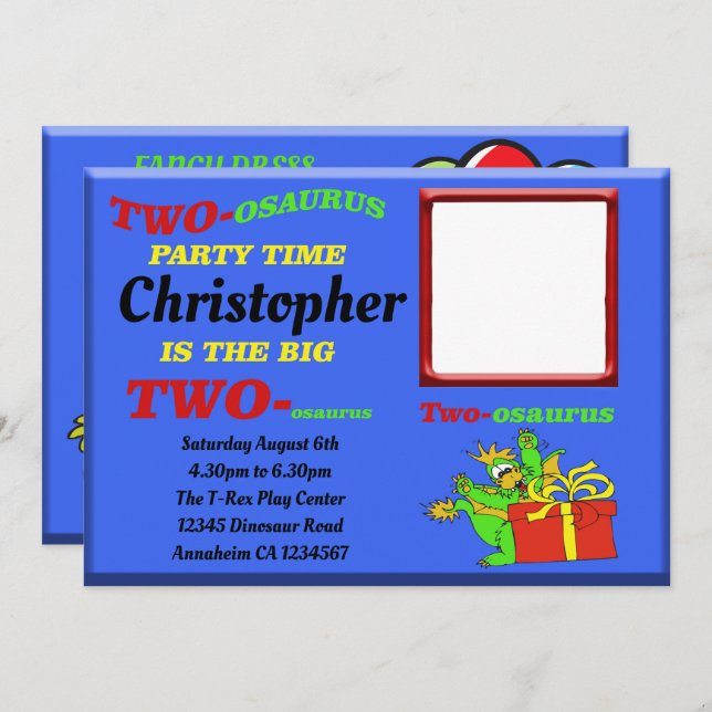 Convites Dinossauro Boas Azuis Dois segundos de ossauro Seg (Frente/Verso)