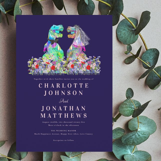 Convites Dinossauro Boho Flor Silvestre Azul Marinho Rosa B (Colorful Dinosaur bride & Groom T-Rex boho wildflower navy blue blush pink wedding invitation )