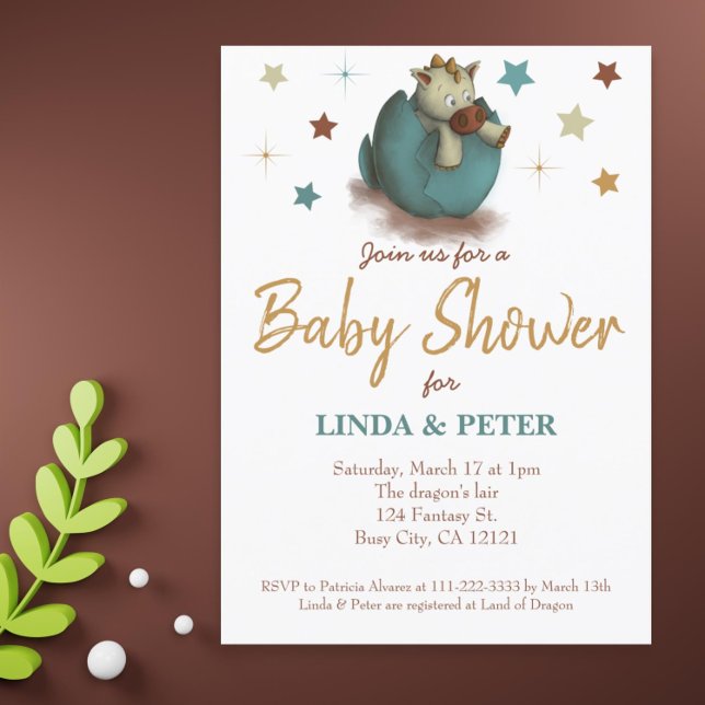 Convites Dinossauro Bonito A Ocupar Chá de fraldas Neutro (Cute gender neutral dragon baby shower invitation)