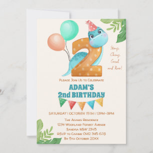 Convites Dinossauro bonito com segundo aniversário de balõe