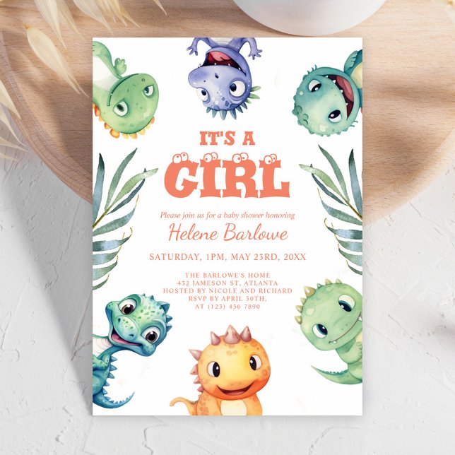 Convites Dinossauro bonito, é um Chá de fraldas (Cute Dinosaur It's A Girl Baby Shower Invitation)