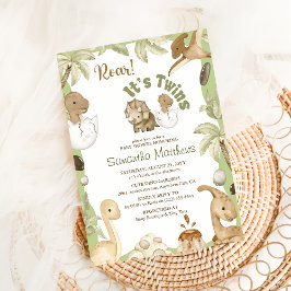 Convites Dinossauro bonito "É um Chá de fraldas Gêmeo"