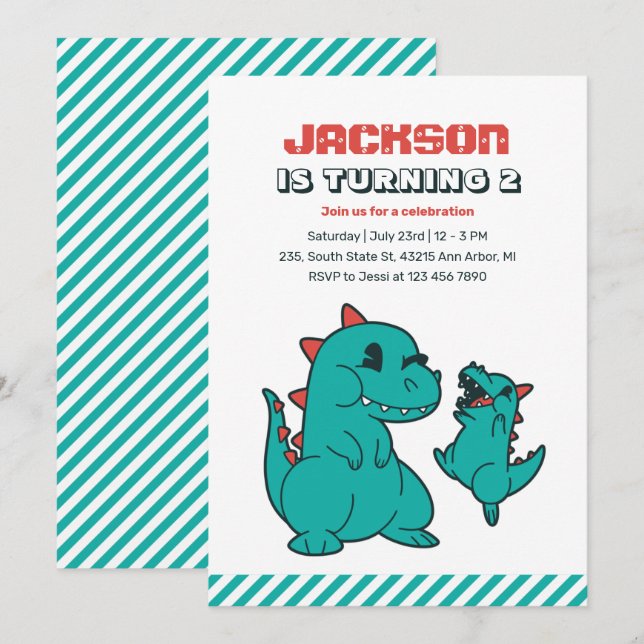 Convites Dinossauro Bonito Para Bebê T-Rex E Aniversário de (Frente/Verso)
