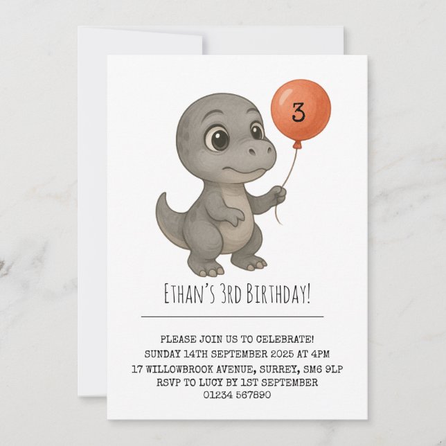 Convites Dinossauro Cinza de Olhos Arregalados com Aniversá (Frente)