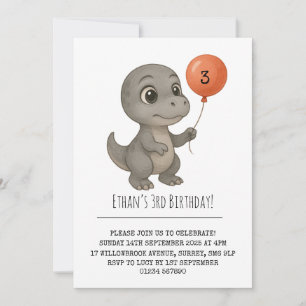 Convites Dinossauro Cinza de Olhos Arregalados com Aniversá