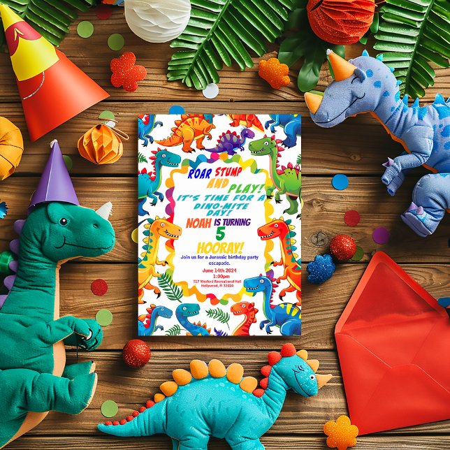 Convites Dinossauro Colorido, Era Festa de aniversário (Fun and Colorful Dinosaur Party Invitation )