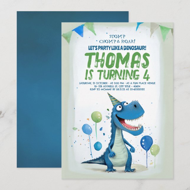 Convites Dinossauro Divertido Azul e Verde Aniversário (Frente/Verso)