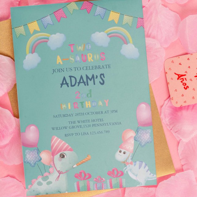Convites Dinossauro do partido segundo aniversário Rainbow  (Criador carregado)
