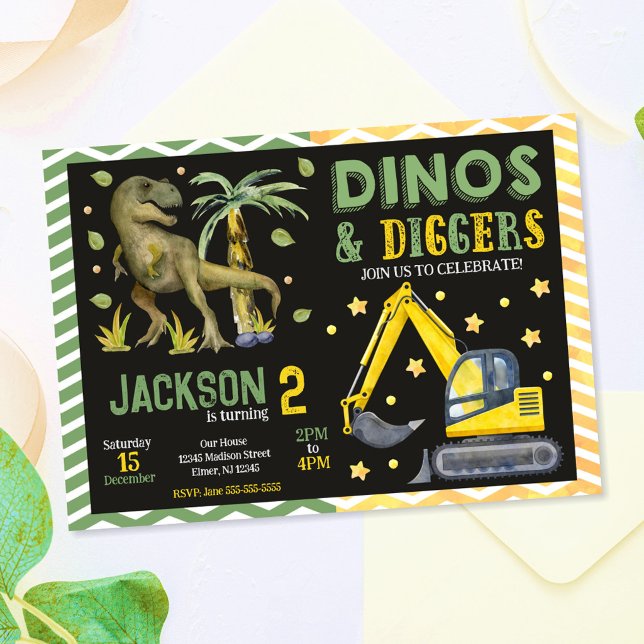 Convites Dinossauro e Construção Dinos e Escavadeiras de An (Criador carregado)